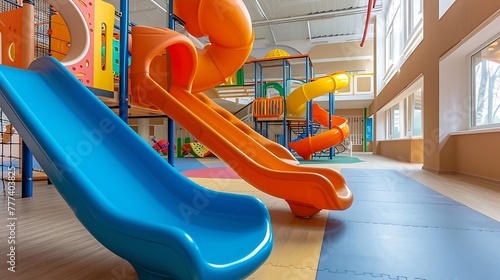 a captivating scene of a state-of-the-art indoor playground with a vibrant slide within a kindergarten space, leaving a generous area for text or design incorporation attractive look