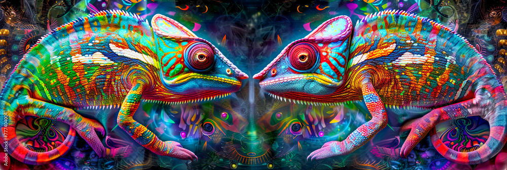 Bunte Chameleons auf neon bunten Hintergrund. Bunte Chameleons auf neon bunten Hintergrund.