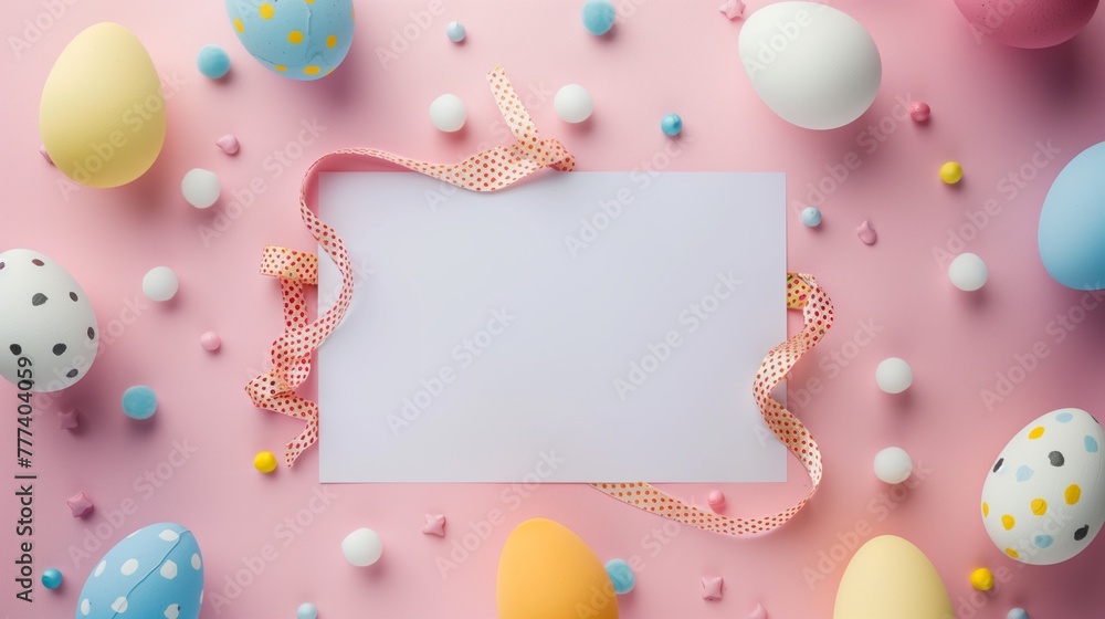 Easter themed image with decorated eggs, candy, and a blank card