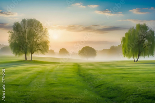 Ethereal Tranquility  Verdant Field Bathed in Morning Mist  Sunlight Filtering Through the Trees