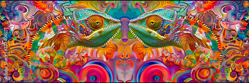 Bunte Chameleons auf neon bunten Hintergrund. © shokokoart