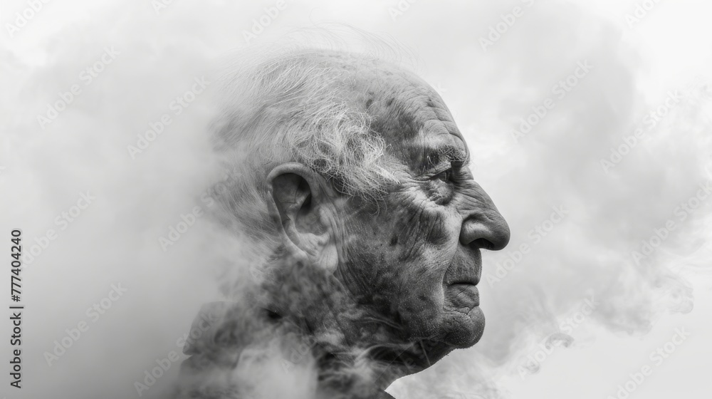 Fototapeta premium Elderly man standing alone in fog symbolizing the profound loneliness and isolation that can accompany Alzheimers disease