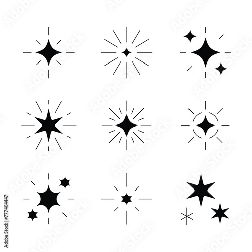 Sparkle vector silhouette set. Star icon flat design element. Bright firework decoration twinkle, flash. Glowing light effect and burst collection.