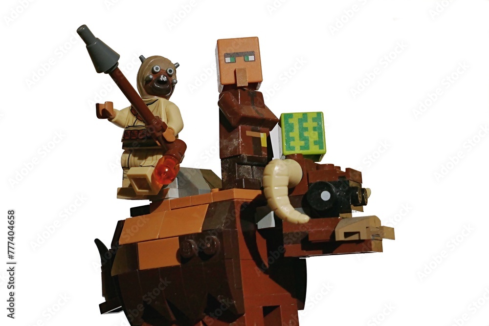 Naklejka premium LEGO Tusken raider and Minecraft villager with square watermelon riding on Banthas bull mount.