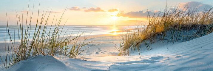 Handdoek met foto Noordzee Zonsopgang boven zee met duinen en gras  © shokokoart
