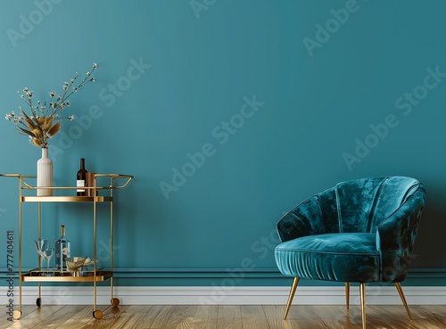 Vibrant teal wall with a stylish accent chair and brass bar cart in a contemporary home interior design, teal room mock up, high definition, taken in the style of Canon EOS photo