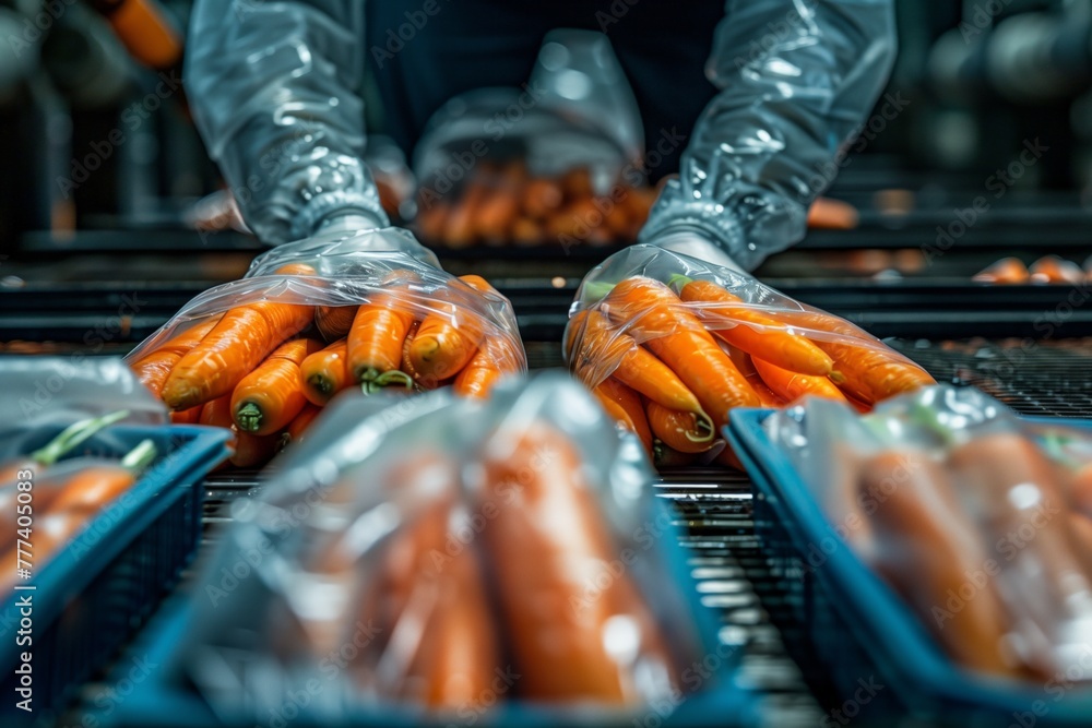 Workers wearing gloves checking plastic packaging of fresh carrots for export import and sale. Food package wrapping machinery. Vegetable and fruit on flow pillow packing machine.