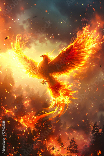 Phoenix Rising from Its Ashes. Generated Image. A digital rendering of a fiery phoenix rising from its ashes in a realistic, fantasy landscape.