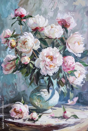 a painting of a bouquet of a peony flowers in a small vase, on a table,  © Nica