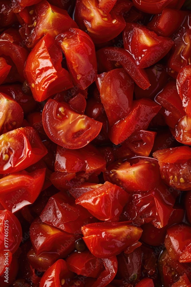 Chopped fresh tomatoes close-up with glistening juice.
