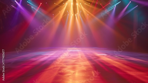 a captivating scene of an empty ice hockey rink surrounded by a play of vibrant spotlights attractive look
