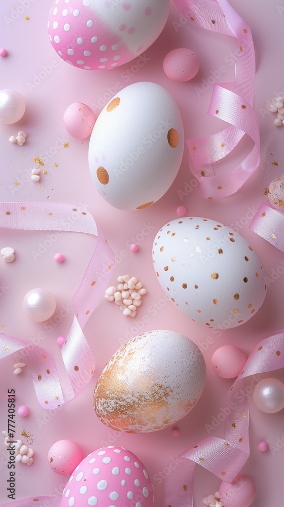 Decorated Easter eggs with pink ribbons and confetti on a soft pink backdrop.