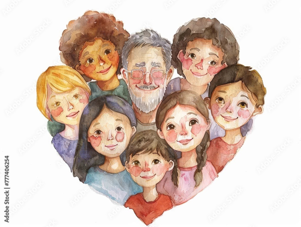 Fototapeta premium A family portrait in watercolor, each face filled with warmth and love isolated on white background