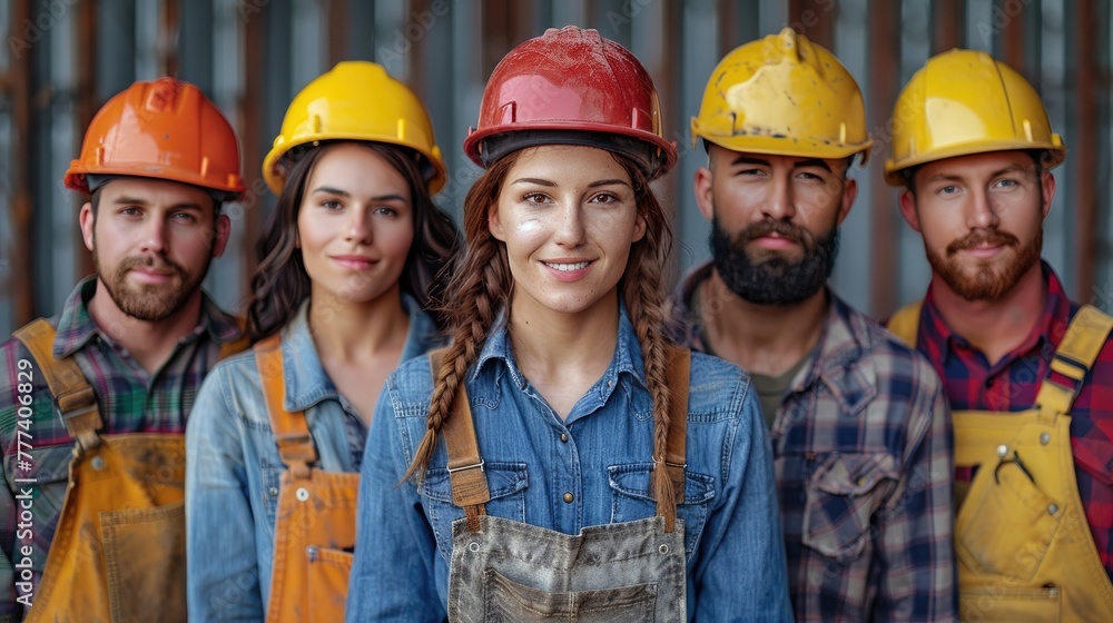 Five diverse workers with hard hats in front of wall Five diverse workers with hard hats in front of wall