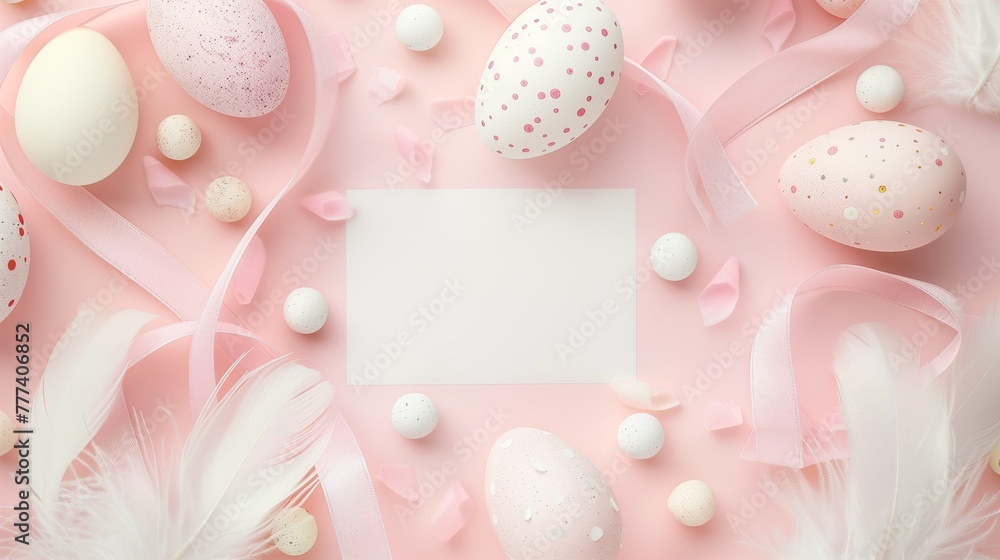 Pastel pink Easter composition with eggs, feathers, ribbons and blank card