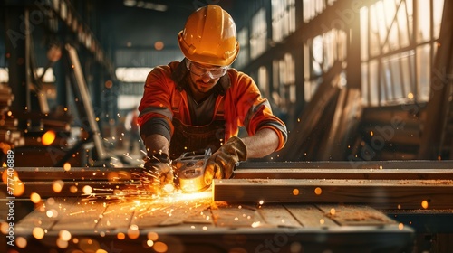 Worker with sparks flying using machinery photo