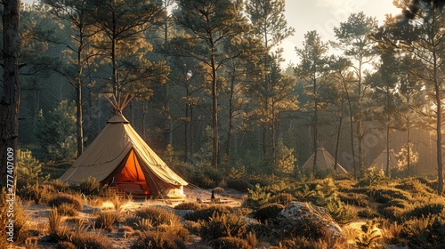Tranquil forest camping scene with teepee