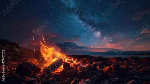 Campfire under a starlit sky at twilight