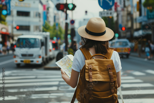 A woman with long hair and a hat, holding a map while traveling in the city center, captured from behind her back. She is wearing a white short-sleeved shirt and a brown backpack © ramona