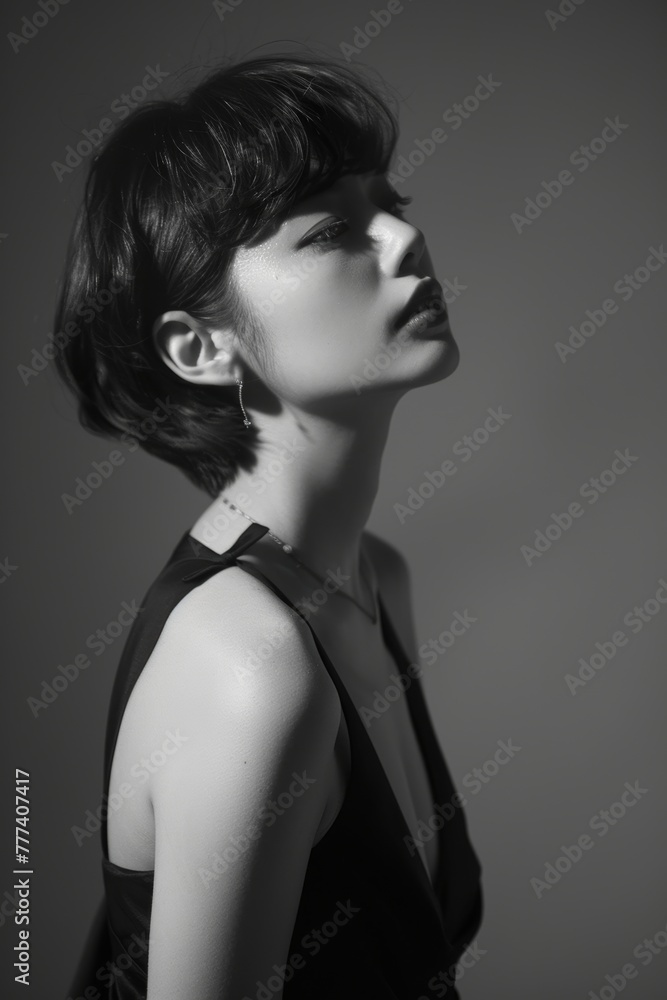 Very beautiful and cute Japanese woman with short hair wearing an elegant black sleeveless dress poses for the camera, Very beautiful and cute Japanese woman with short hair wearing an elegant black sleeveless dress poses for the camera,
