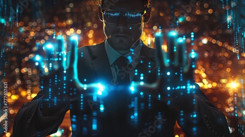 Businessman Activating Data Analysis in a Virtual Space with Stock Market Hologram.