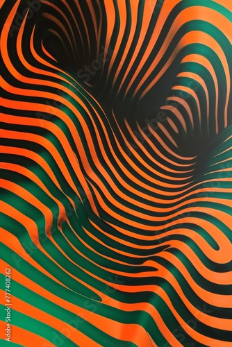 op art  orange and black stripes with green highlights  