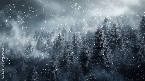 Illustration Winter night in a dark snowy forest, with snow covered trees with a magical natural view under a cloudy sky.Ai generated