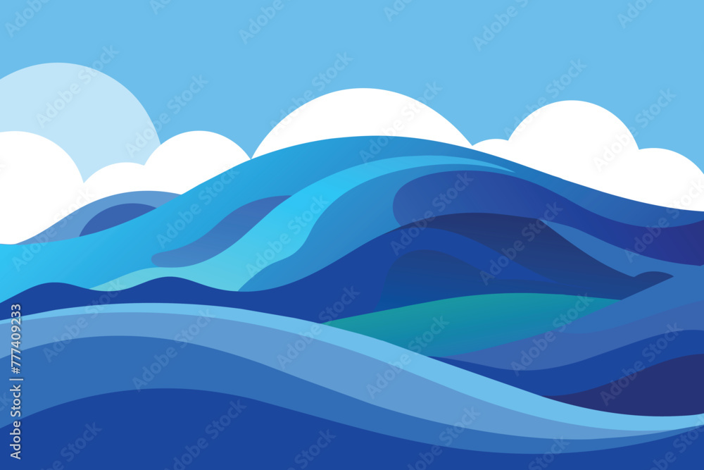 Blue Ocean wave landscape. Creative minimalist modern paint and line art print. Abstract contemporary aesthetic backgrounds landscapes. with Ocean, sea, hill, vector illustrations
