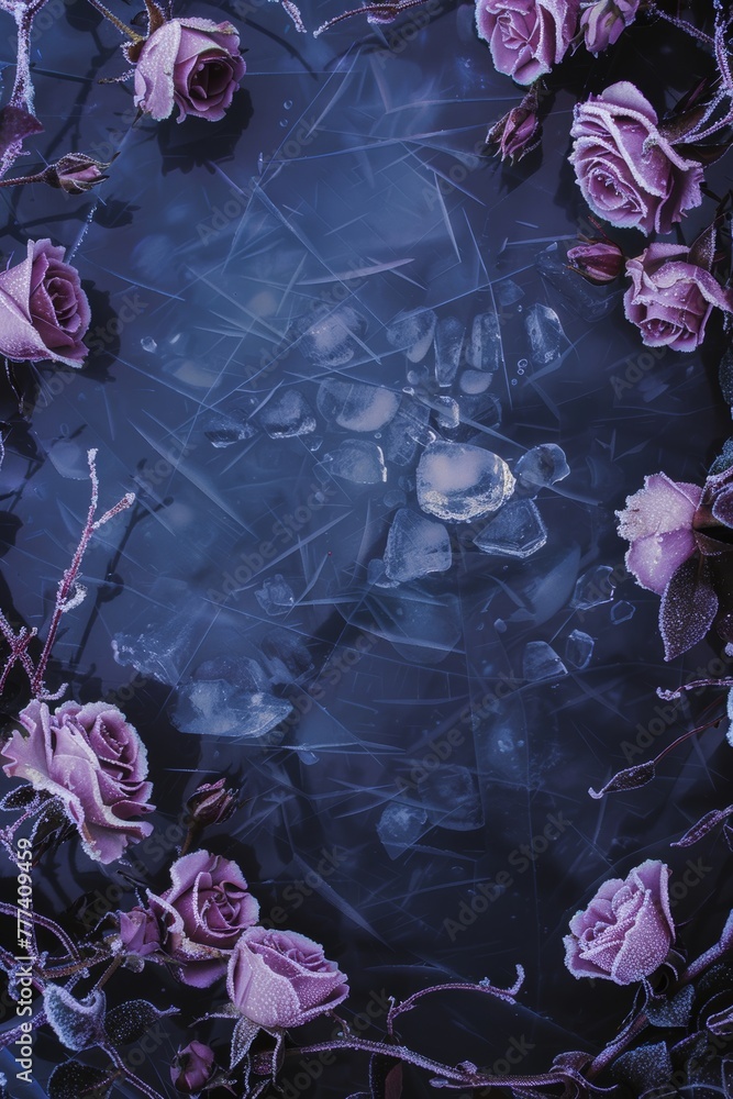 the center of the composition features an icy lake at night, dark, patterns on the ice, painted and stylized, the center of the composition features an icy lake at night, dark, patterns on the ice, painted and stylized,