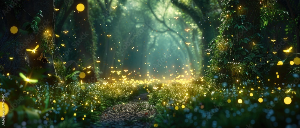Bees and fireflies creating a light show in a magical forest at night Bees and fireflies creating a light show in a magical forest at night