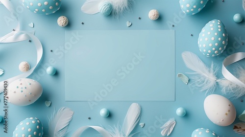 Easter themed image with decorated eggs, feathers, and a ribbon on blue background