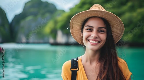 A portrait of enjoy woman traveler alone at the tourist attraction, traveling concept. photo