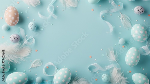 Easter eggs, feathers, and confetti on pastel blue background with copyspace.