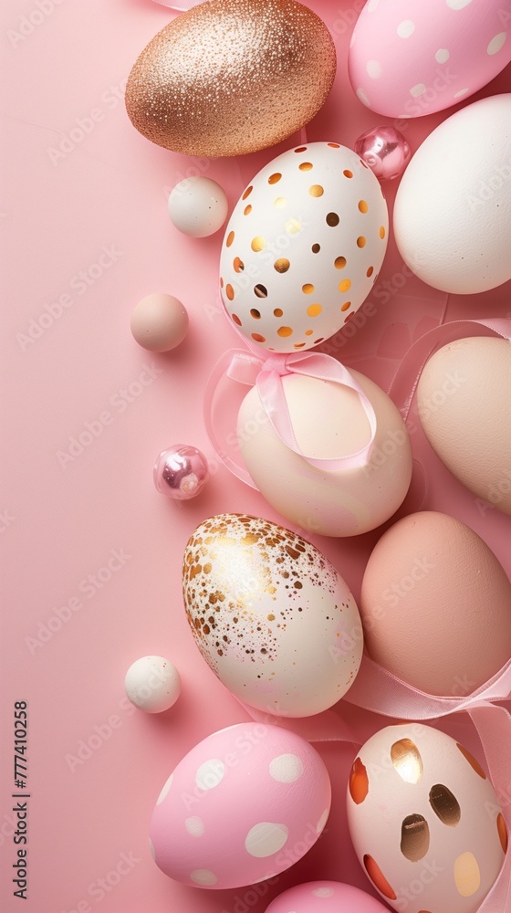 Assortment of decorated Easter eggs on a pastel pink background.