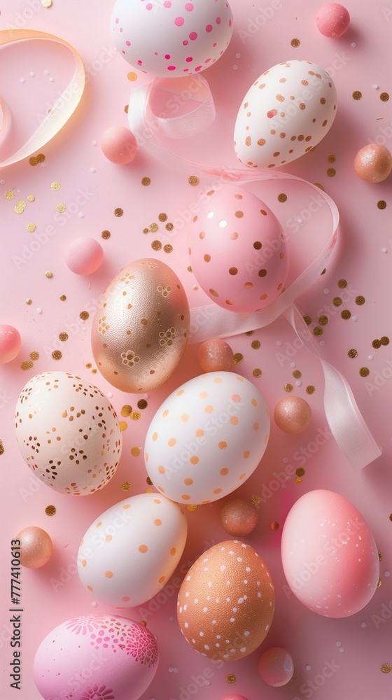 Decorated Easter eggs with ribbons and confetti on a pink surface. Decorated Easter eggs with ribbons and confetti on a pink surface.