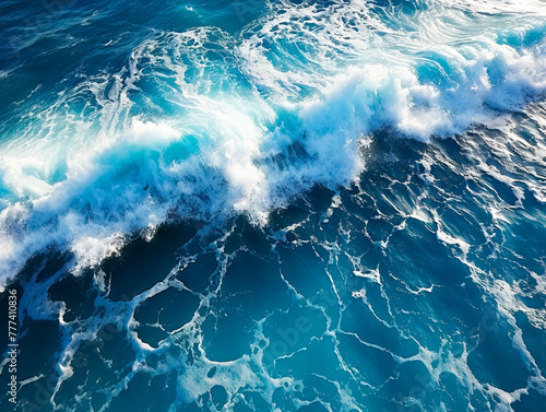 Aerial view of dynamic ocean waves with white foam on blue water, showing the concept of nature's power, Generative AI. Generative AI