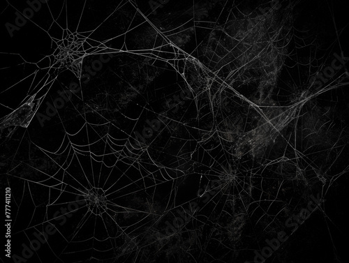 Intricate spider webs overlaid on a dark, textured background, portraying a concept of complexity or connectivity. Generative AI