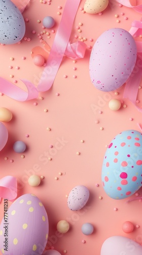Pastel Easter eggs with ribbons and candy decorations on a pink background