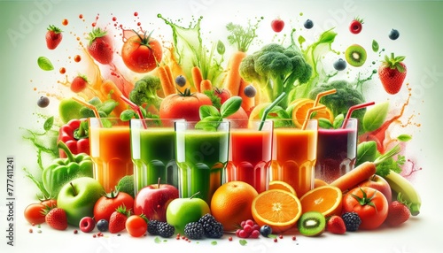 Glasses with green  orange  red juice  straws  drops of condensation among bright vegetables  fruits  berries  splashes of juice. Refreshing  vitamin-rich drinks in the summer heat.