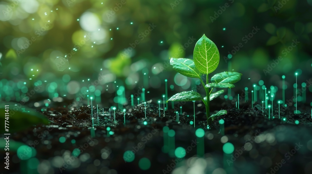 green leaf sprouts emerging from the soil and futuristic green leaf sprouts emerging from the soil and futuristic