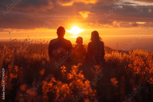 As the sun sets, a family enjoys the beautiful natural landscape, immersed in the warm sunlight and colorful sky at dusk, feeling happy and at peace