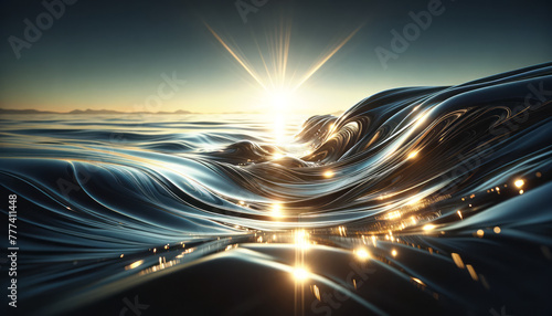 Golden sunrays illuminating fluid metallic waves, digital art, against a sunset skyscape, concept of serenity. Generative AI photo