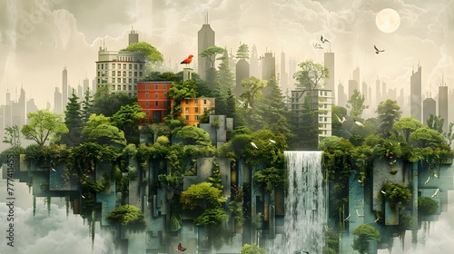 Avian Illustration City Island with Waterfall and Trees  To provide a unique and stunning visual of a city island with trees and a waterfall  in a