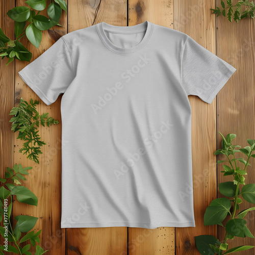 Blank white t-shirt on rustic wooden background with green leaves and brown fabric. Place for an inscription.