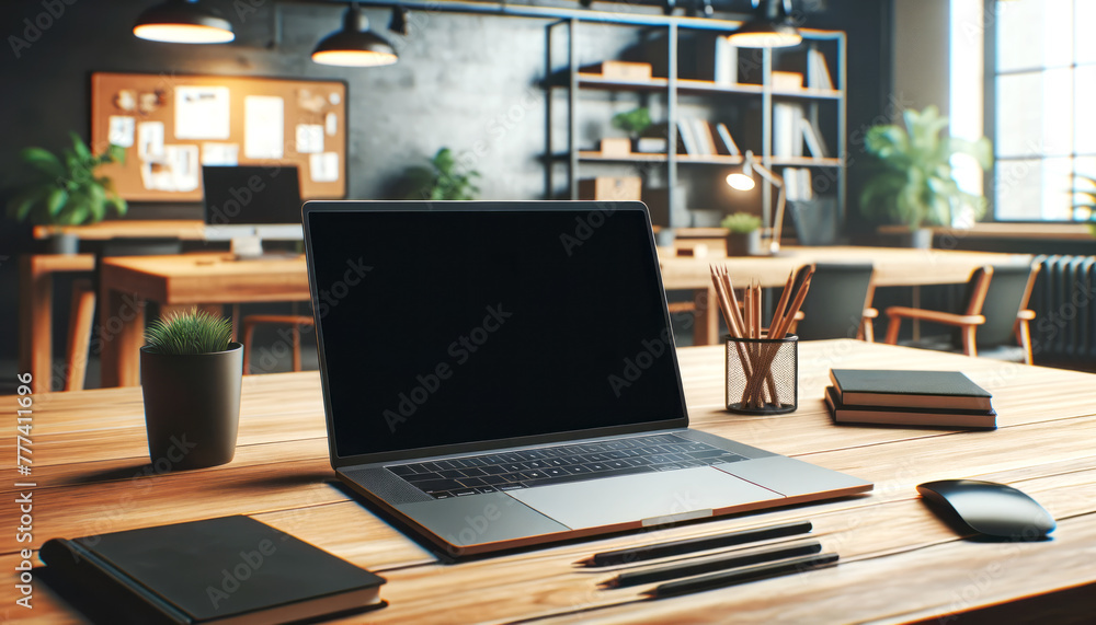 A modern workspace with an open laptop on a wooden desk, office accessories, and a well-lit interior, concept of productivity. Generative AI A modern workspace with an open laptop on a wooden desk, office accessories, and a well-lit interior, concept of productivity. Generative AI