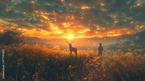 Dreamlike deer scene at sunset, To convey a sense of tranquility and connection with nature in a unique and artistic way