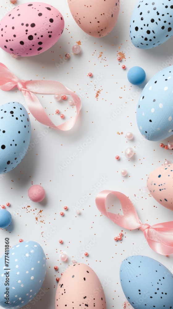 Easter concept with pastel colored eggs and decorative elements.