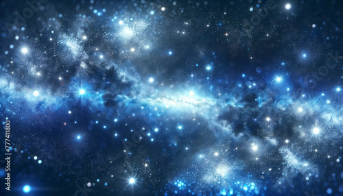 A cosmic scene with glittering stars and nebula, depicted in a digital art style against a dark blue space background, evoking the concept of the universe. Generative AI