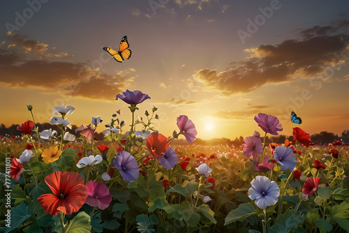 multi-colored mallow flowers on the field  flying butterflies against the background of sunrise