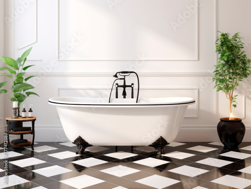 A bathtub in a classic bathroom setting  with plant decorations  on a checkered tile floor  concept of luxury interior design. Generative AI